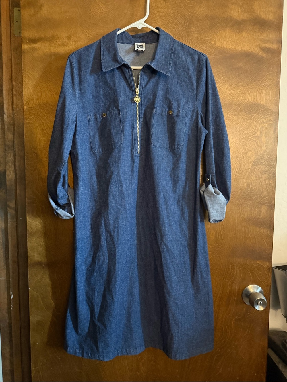 Anne Klein Cotton Blend Chambray Shirt Dress Half Zip Pockets Size 10